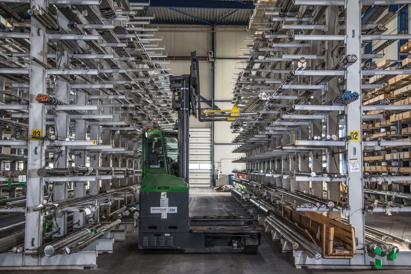 Steel products bundled and packed in the warehouse